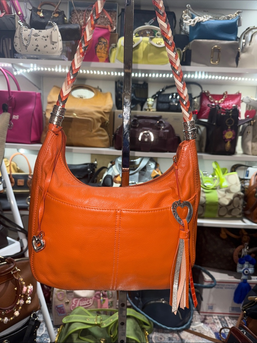 Brighton Rare Vintage Orange Pebble Leather Shoulder Bag with Braided Strap